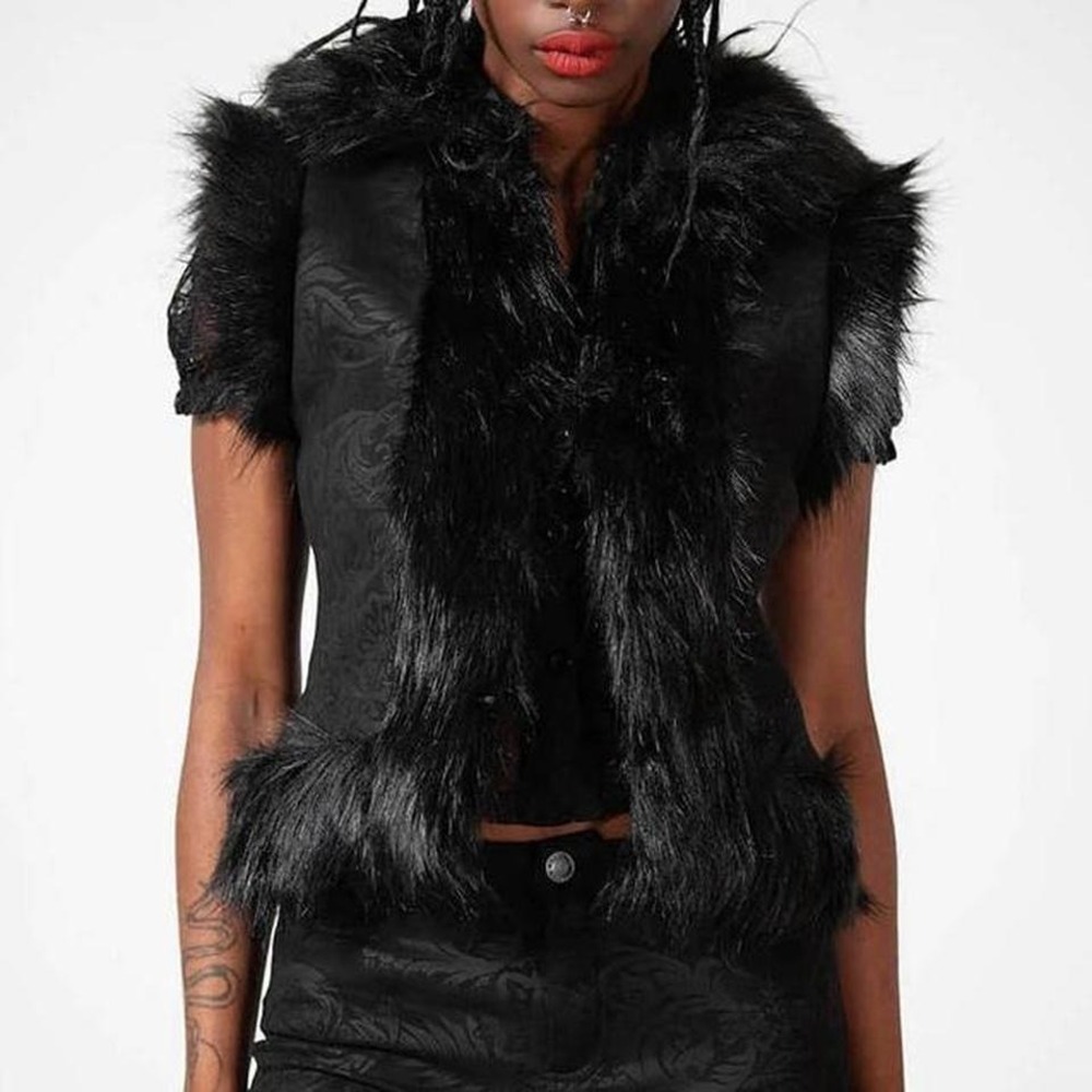 Killstar Terradalia Vest Black Faux Fur Brocade Damask Gothic Large